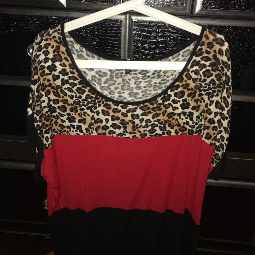 Leopard, red & black color block top